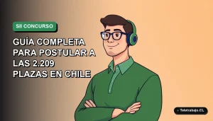 Ilustración vectorial plana de un trabajador masculino con suéter verde y camisa, sobre fondo degradado verde, representando el concurso de plazas del Servicio de Impuestos Internos de Chile.
