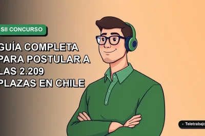 Ilustración vectorial plana de un trabajador masculino con suéter verde y camisa, sobre fondo degradado verde, representando el concurso de plazas del Servicio de Impuestos Internos de Chile.