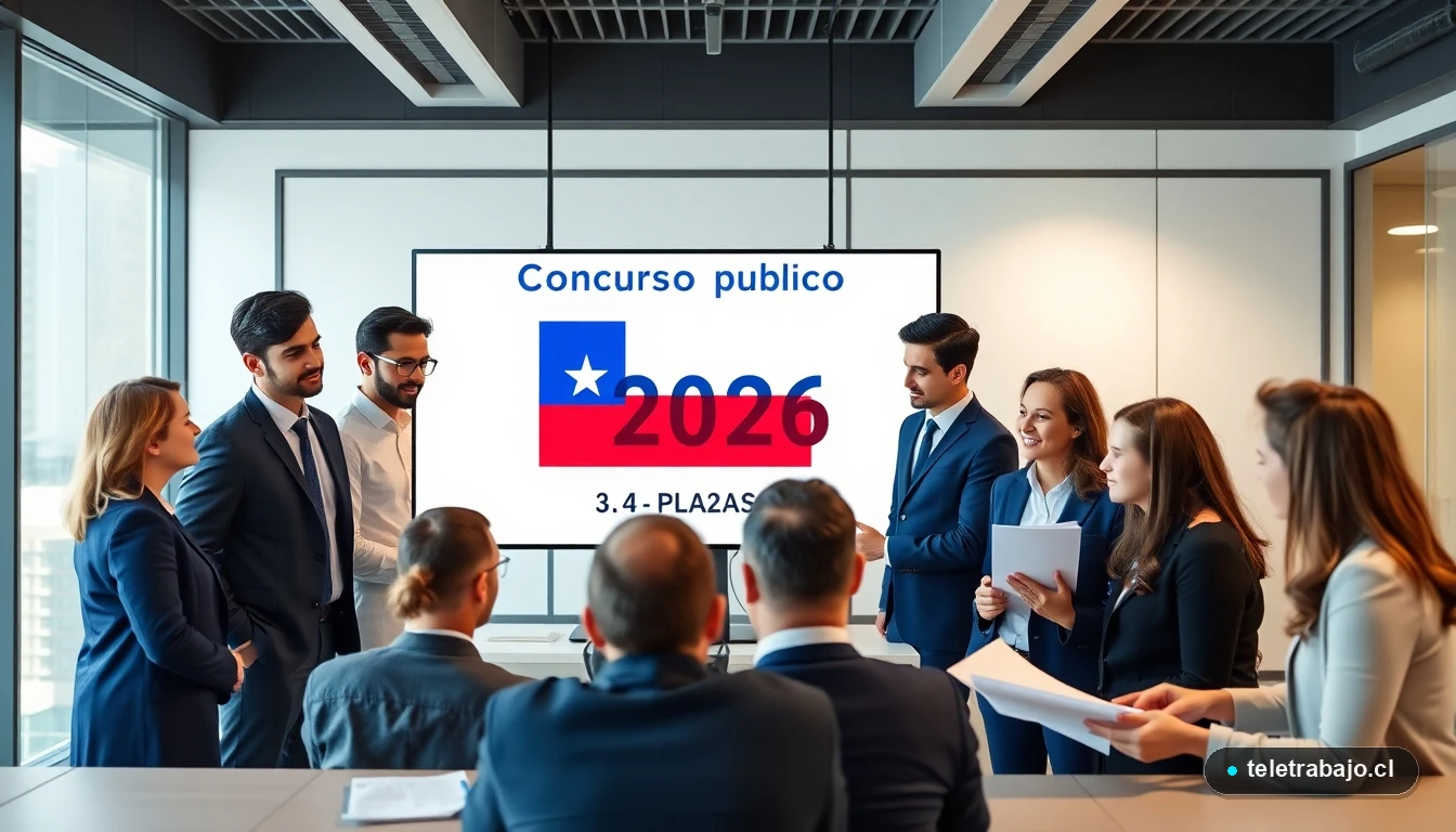 Profesionales chilenos revisando información sobre el Concurso Público 2026 con 39.574 plazas disponibles