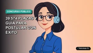 Ilustración plana de mujer profesional feliz con blusa azul, sobre fondo degradado verde agua, representando éxito en concurso público.