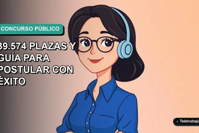 Ilustración plana de mujer profesional feliz con blusa azul, sobre fondo degradado verde agua, representando éxito en concurso público.