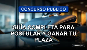 Guía completa para postular y ganar un concurso público en Chile 2026, sobre fondo de oficina profesional.