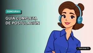 Ilustración plana de mujer profesional con blusa azul, fondo degradado verde agua, concepto de concurso público en Chile.