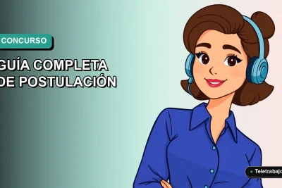 Ilustración plana de mujer profesional con blusa azul, fondo degradado verde agua, concepto de concurso público en Chile.