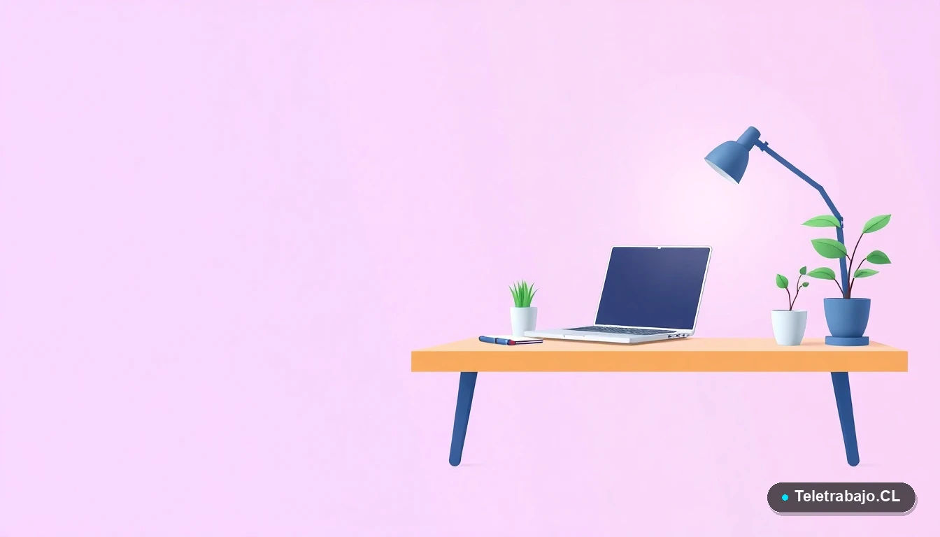 Escritorio moderno minimalista con laptop y planta, fondo degradado lila, concepto de preparación y organización para concurso.