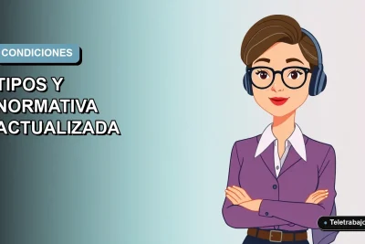 Ilustración plana corporativa de una mujer trabajadora remota con blusa azul, sobre fondo degradado suave azul grisáceo.
