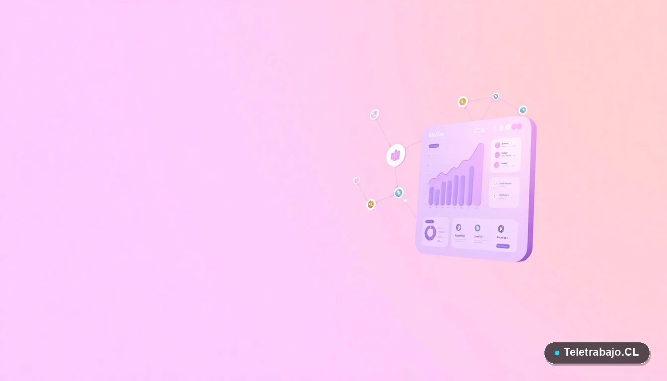 Elementos de interfaz de usuario abstractos con gráficos y engranajes flotantes, sobre fondo degradado lila, representando conceptos laborales tecnológicos.