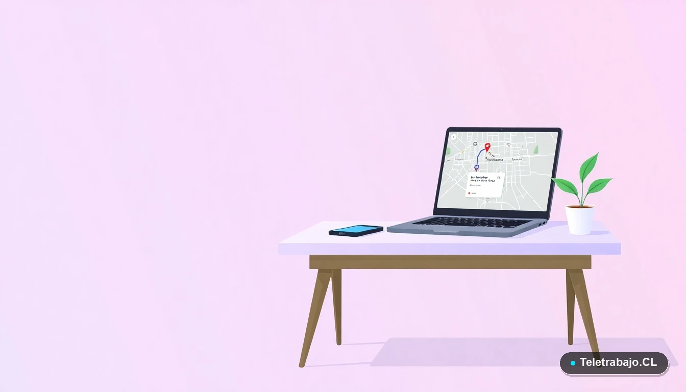 Escritorio moderno vacío con laptop mostrando app de viajes, teléfono y café, estilo ilustración vectorial plana, para guía de conductor Uber.