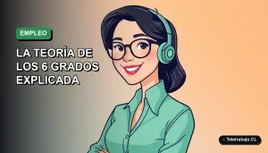 Ilustración plana corporativa de una mujer profesional chilena sonriente, con fondo degradado verde azulado, concepto de networking y búsqueda de trabajo.
