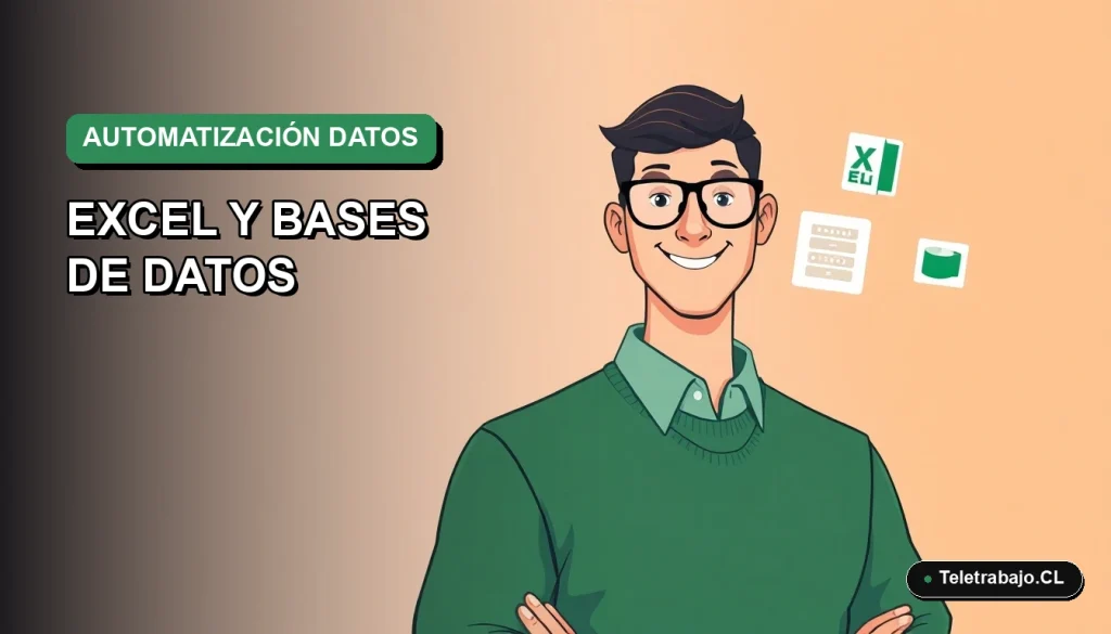 Ilustración vectorial plana de un trabajador técnico chileno junto a íconos de Excel y bases de datos, sobre un fondo degradado verde.