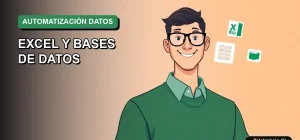 Ilustración vectorial plana de un trabajador técnico chileno junto a íconos de Excel y bases de datos, sobre un fondo degradado verde.