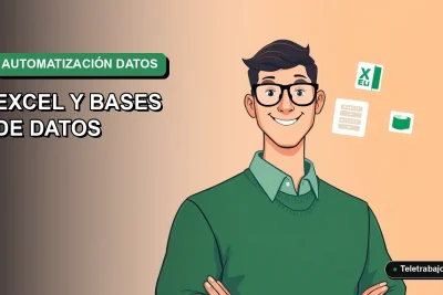 Ilustración vectorial plana de un trabajador técnico chileno junto a íconos de Excel y bases de datos, sobre un fondo degradado verde.