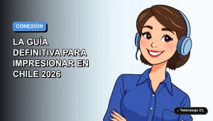 Ilustración plana corporativa de una mujer profesional chilena de tecnología con blusa azul, sonriendo, sobre fondo degradado azul y blanco. Espacio negativo a la izquierda.