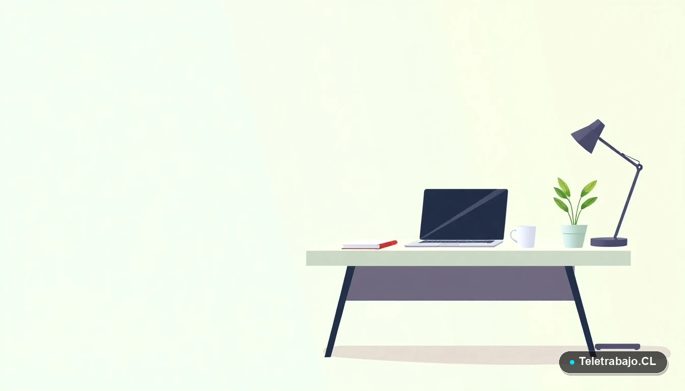 Escritorio moderno minimalista de teletrabajo con laptop, cuaderno, taza de café y planta, en estilo de ilustración vectorial plana, sobre fondo degradado verde menta.