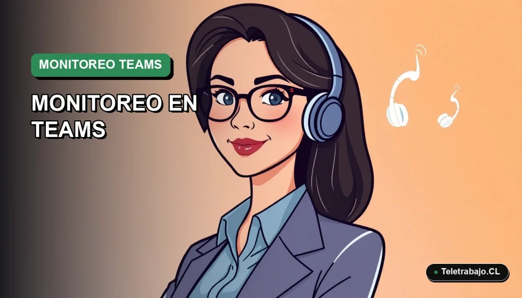 Ilustración vectorial plana corporativa de una trabajadora remota chilena junto a elementos de monitoreo digital de Microsoft Teams.