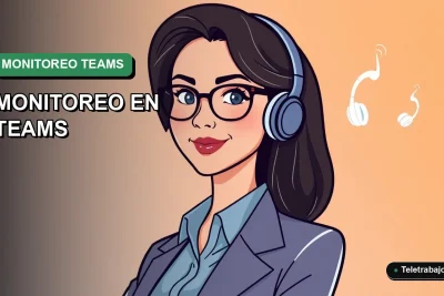 Ilustración vectorial plana corporativa de una trabajadora remota chilena junto a elementos de monitoreo digital de Microsoft Teams.