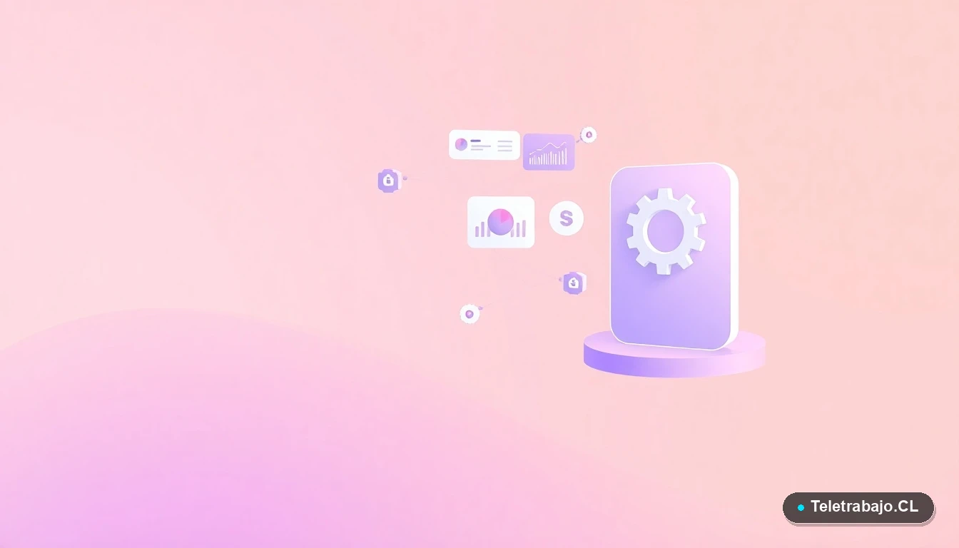 Elementos de interfaz de usuario abstractos y modernos, como gráficos y engranajes flotantes, sobre fondo degradado melocotón, simbolizando conexiones profesionales y tecnología.