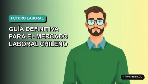 Ilustración vectorial plana de un trabajador remoto masculino con suéter verde, sobre un fondo degradado azul y verde, representando el futuro del trabajo en Chile.