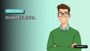 Ilustración vectorial plana de un hombre profesional de teletrabajo, con suéter verde, sonriendo, sobre fondo degradado azul verdoso. Espacio negativo a la izquierda.