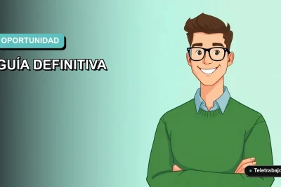 Ilustración vectorial plana de un hombre profesional de teletrabajo, con suéter verde, sonriendo, sobre fondo degradado azul verdoso. Espacio negativo a la izquierda.