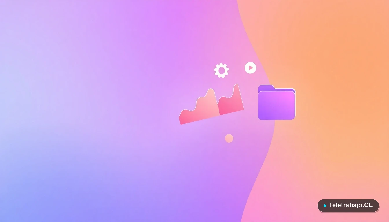 Ilustración abstracta de interfaz de usuario tecnológica con gráficos y iconos flotantes en colores lavanda y durazno, sobre fondo degradado.