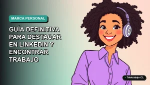 Ilustración plana de mujer profesional chilena sonriendo, con fondo degradado azul verdoso, concepto de marca personal y búsqueda de empleo en LinkedIn para 2026.