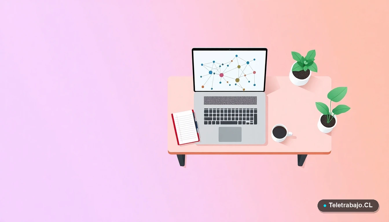 Vista aérea de escritorio moderno minimalista con laptop, taza de café y planta, ilustración plana con fondo degradado lila y durazno, concepto de espacio de trabajo profesional para teletrabajo.