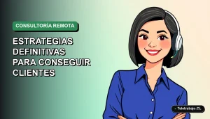 Ilustración vectorial plana de una mujer consultora remota sonriente, con blusa azul y corte bob, sobre fondo degradado verde. Espacio negativo a la izquierda.