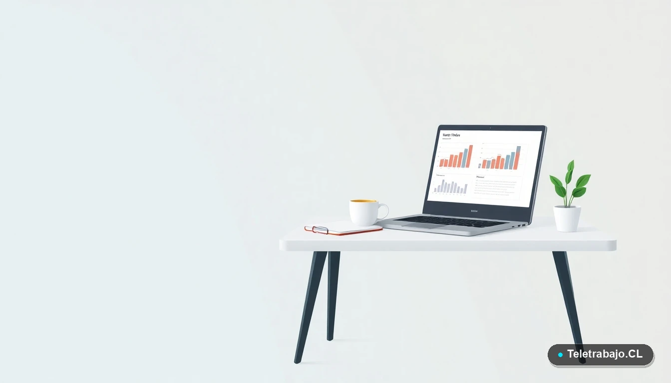 Escritorio moderno minimalista para consultor remoto con laptop, gráficos, cuaderno y planta, sobre fondo degradado azul verdoso. Concepto de espacio de trabajo digital.