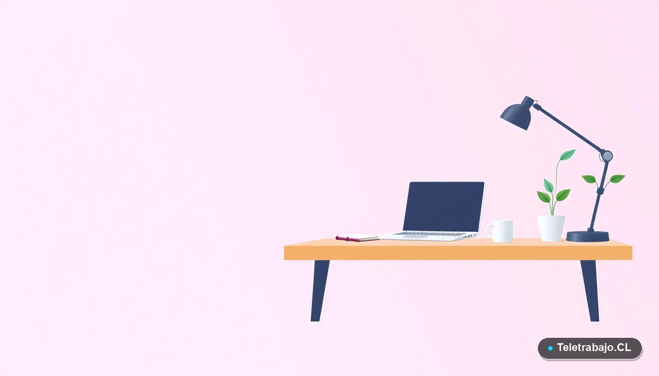 Escritorio moderno minimalista para trabajo remoto con laptop, cuaderno y planta, ilustración vectorial plana.