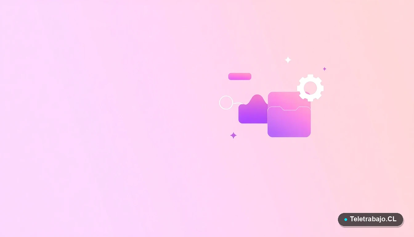 Composición abstracta de interfaz de usuario con gráficos flotantes, un engranaje y carpetas estilizadas en tonos lavanda y durazno. Fondo degradado lila.