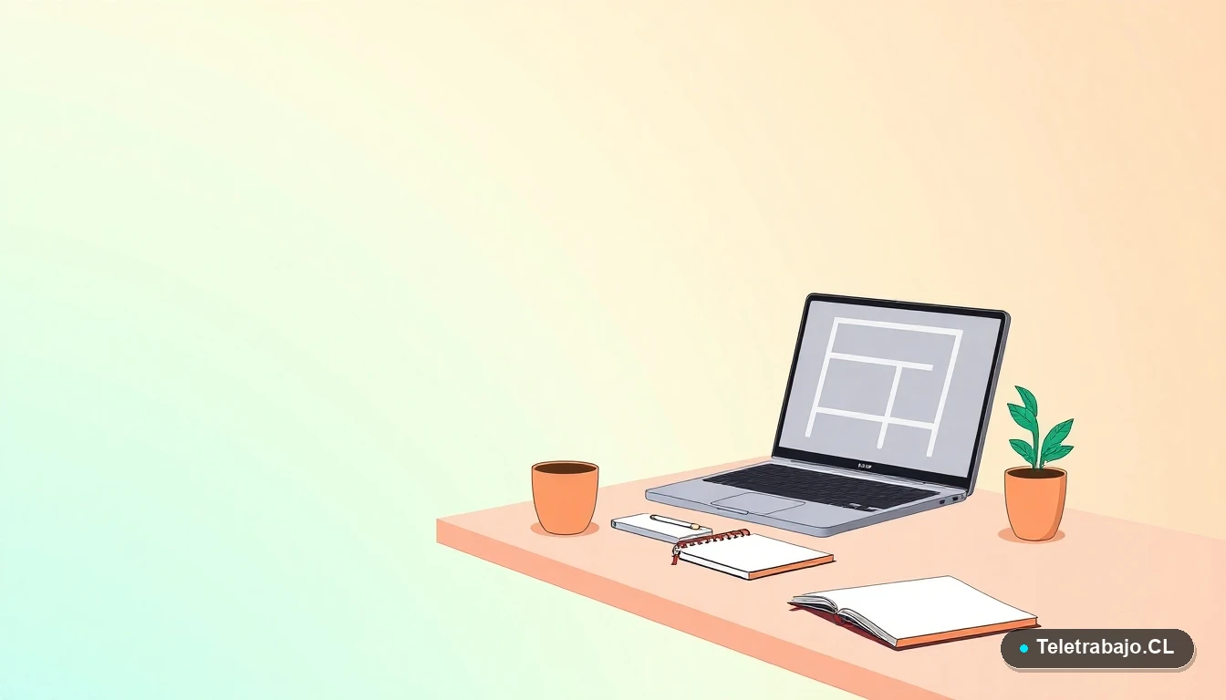 Escritorio moderno y minimalista para teletrabajo, con laptop, cuaderno, taza de café y planta. Ilustración vectorial plana con fondo gradiente de menta y verde azulado, amplio espacio negativo.