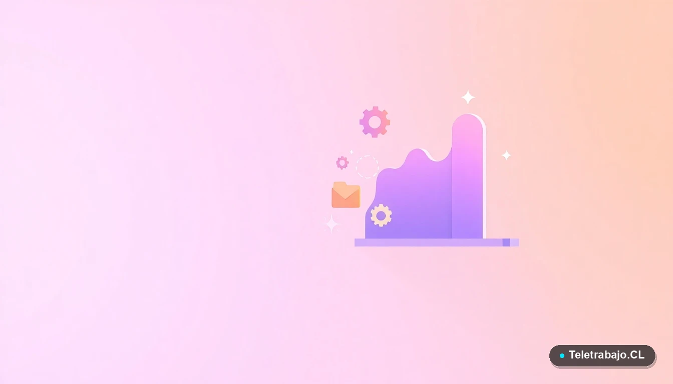 Composición abstracta de interfaz de usuario con gráficos flotantes y engranajes estilizados en colores lavanda y durazno, sobre fondo degradado, concepto de análisis y decisión profesional.