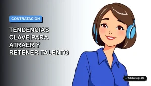 Ilustración plana corporativa de una mujer profesional chilena de tecnología, con blusa azul y corte bob, sobre fondo degradado azul y blanco. Representa las tendencias de contratación y retención de talento para el año 2026.