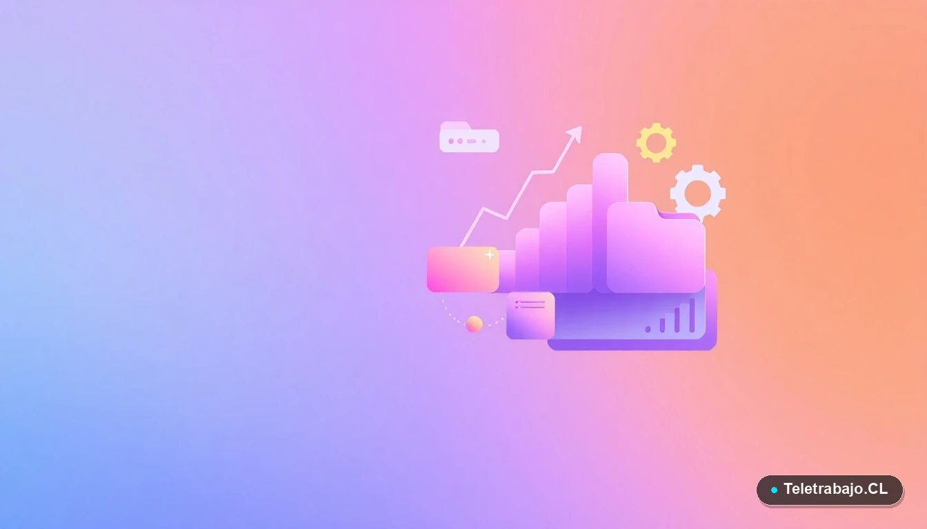 Composición abstracta de interfaz de usuario tecnológica con gráficos, engranajes y carpetas flotantes en tonos lavanda y durazno, sobre fondo degradado verde menta. Representa conceptos de innovación y datos para la gestión del talento.