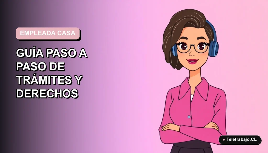 Ilustración vectorial plana de una mujer profesional con blusa rosa, sobre fondo degradado lavanda, representando la contratación de empleada de casa en Chile.