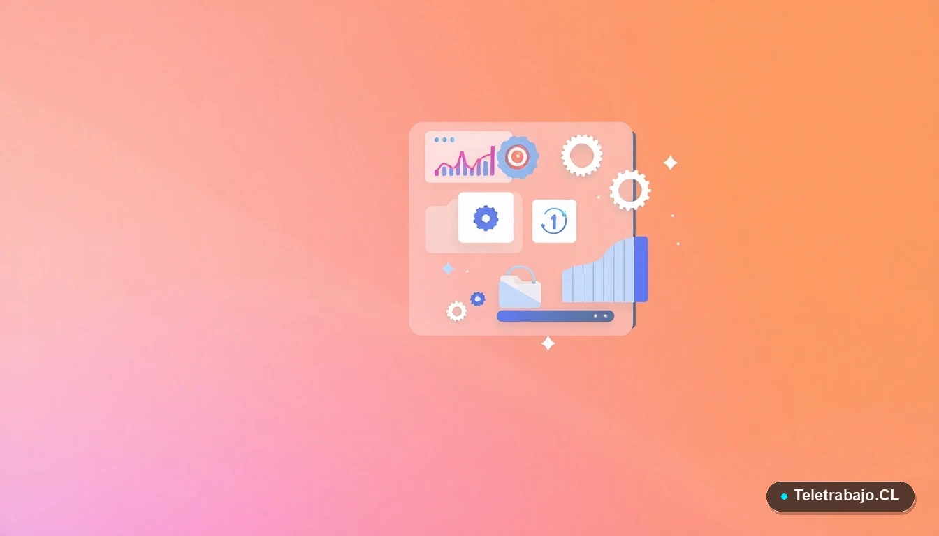 Elementos de interfaz de usuario abstractos como gráficos y engranajes flotantes, sobre fondo degradado melocotón, simbolizando trámites y procesos legales.