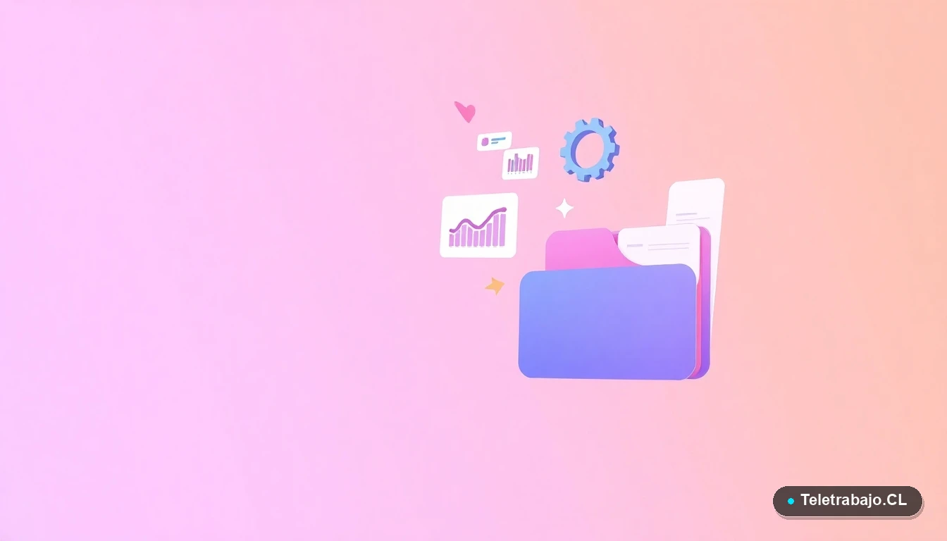 Elementos de interfaz de usuario abstractos, gráficos y engranajes, representando procesos legales y de recursos humanos para contratación en Chile.