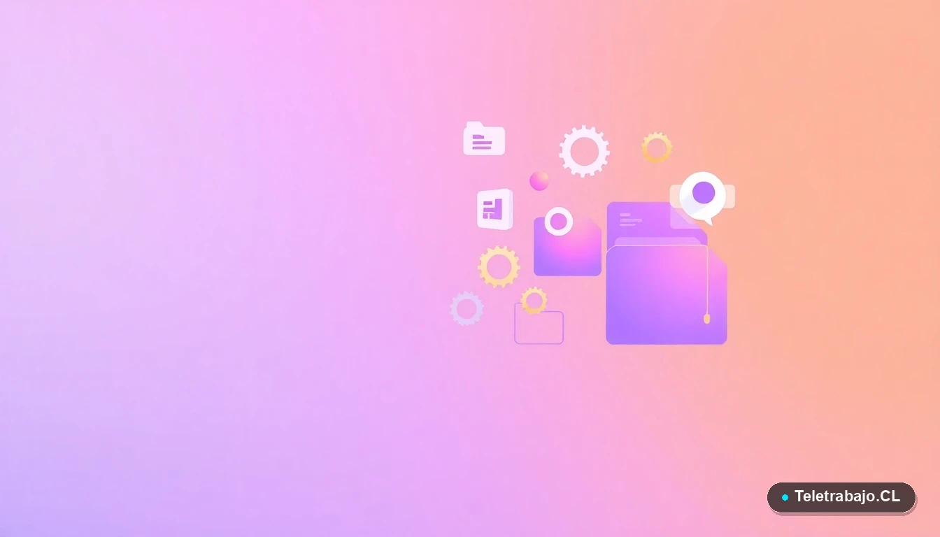 Elementos de interfaz de usuario abstractos y modernos, como gráficos y engranajes flotantes, representando conceptos tecnológicos y de gestión para contratos laborales.