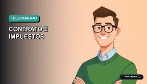 Ilustración vectorial plana de un trabajador chileno de teletrabajo en España, con fondo degradado azul verdoso. Concepto de contrato remoto y fiscalidad internacional.