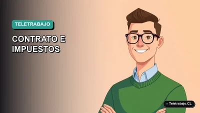 Ilustración vectorial plana de un trabajador chileno de teletrabajo en España, con fondo degradado azul verdoso. Concepto de contrato remoto y fiscalidad internacional.