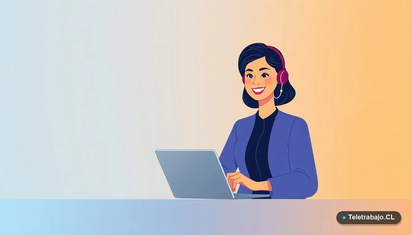 Profesional chilena trabajando en remoto para una empresa en España con su contrato de teletrabajo visible.