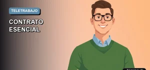 Ilustración vectorial plana y moderna de un trabajador masculino de teletrabajo, con fondo degradado azul, para artículo sobre cláusulas contractuales.