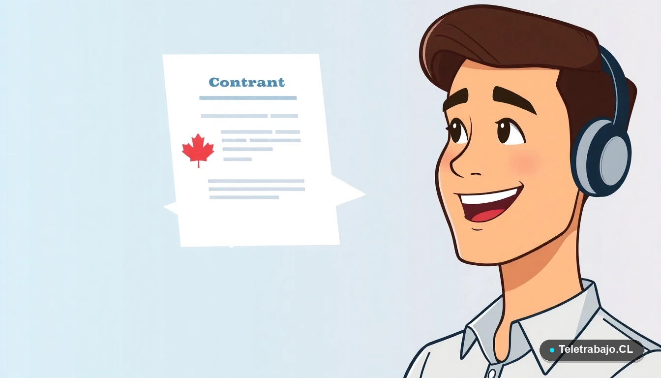 Profesional chileno revisando contrato de teletrabajo para empresa canadiense en pantalla digital.