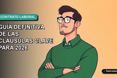 Ilustración plana corporativa de un trabajador remoto masculino revisando un contrato laboral en Chile para 2026, fondo degradado azul verdoso.