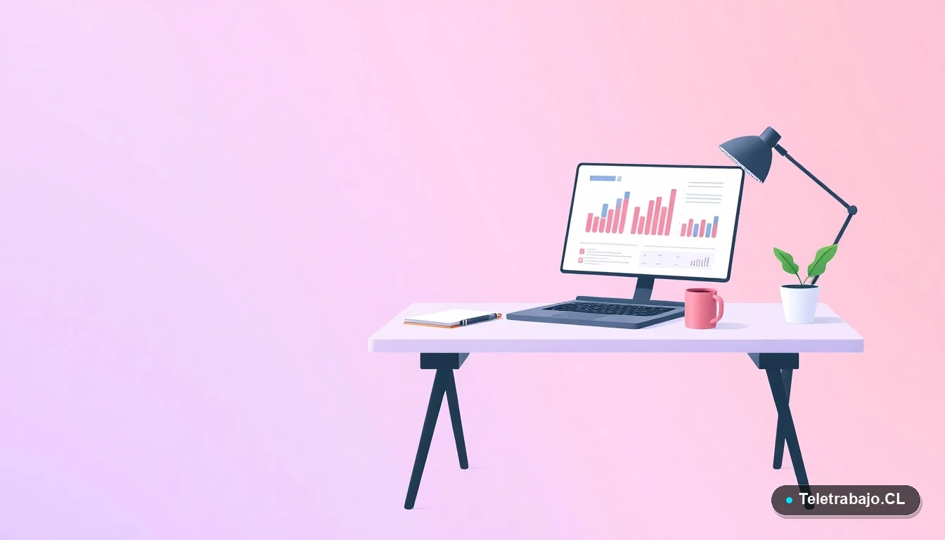 Escritorio moderno minimalista con laptop, gráficos, planta y taza de café, ilustración plana para artículo sobre contratos laborales en Chile.