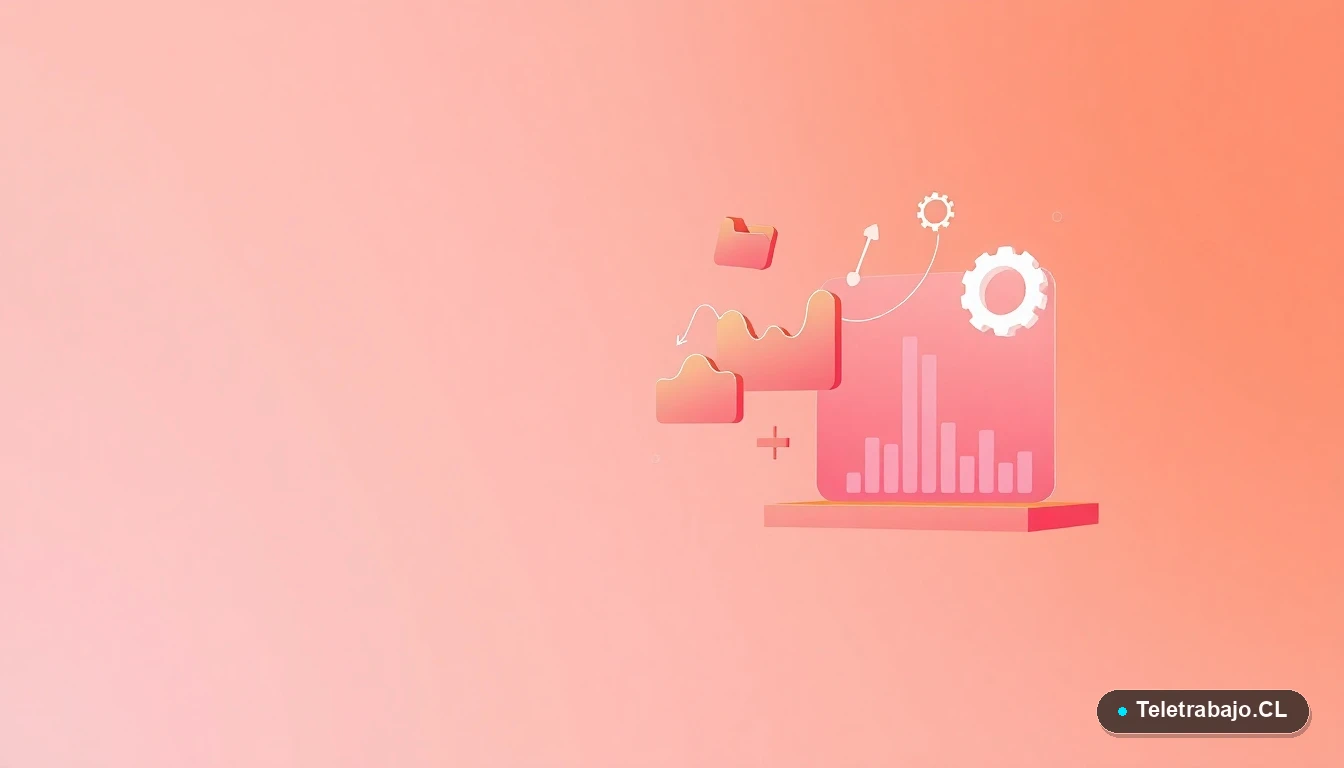 Composición abstracta de interfaz de usuario con gráficos, engranajes y carpetas flotantes en tonos melocotón, sobre fondo degradado verde azulado, concepto de contrato laboral y datos.