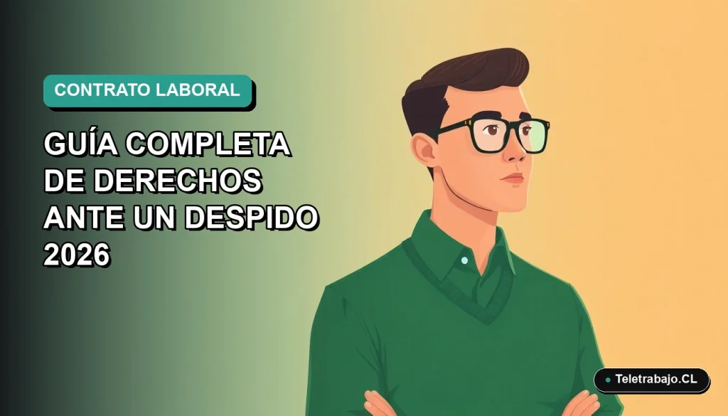 Ilustración plana corporativa de un trabajador masculino con suéter verde mirando a la izquierda, sobre fondo degradado azul verdoso, representando el contrato fijo discontinuo en Chile.