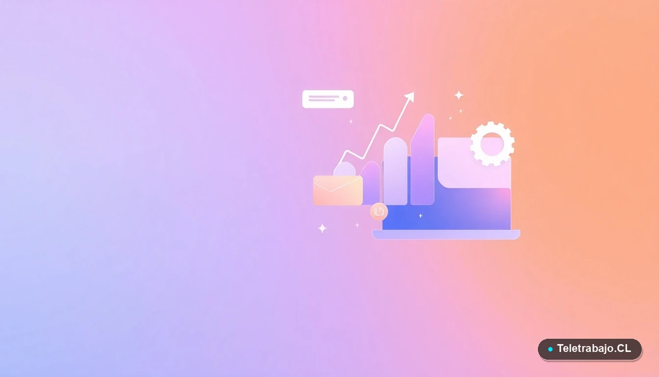 Composición abstracta de interfaz de usuario con gráficos, engranajes y carpetas flotantes en estilo vectorial plano, sobre fondo degradado lila, concepto de derechos laborales y procesos.