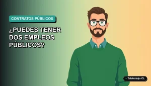 Ilustración vectorial plana de un trabajador masculino con suéter verde y camisa, sobre fondo degradado azul verdoso, representando el contrato fijo discontinuo en el sector público chileno.